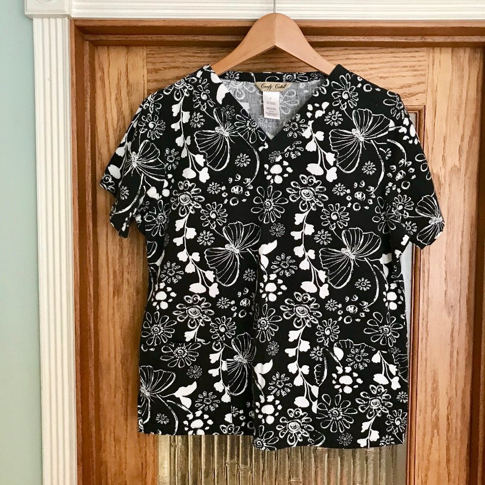 Scrub Top by Comfy Cotton, 100% Cotton, Black/White Floral/Butterfly print